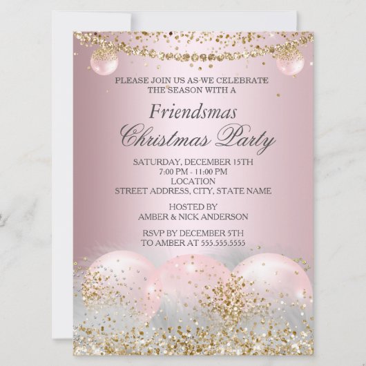 ピンクかわいらしの金ゴールドバウブルフレンドズクリスマスパーティー 招待状 (正面)