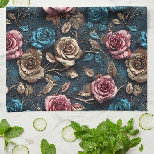 ピンクかわいらしの金ゴールドバラ キッチンタオル (折り畳み)