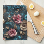 ピンクかわいらしの金ゴールドバラ キッチンタオル (四つ折り)