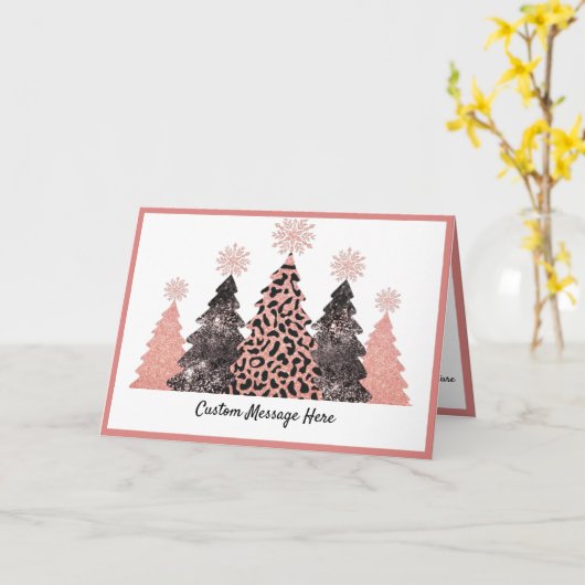 ピンクかわいらしの黒いクリスマスの木カスタマイズのクリスマス カード (黄色い花)