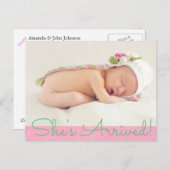 ピンクかわいらしの「シーズ到着」ベビー誕生のお知らせ 案内ポストカード (正面/裏面)