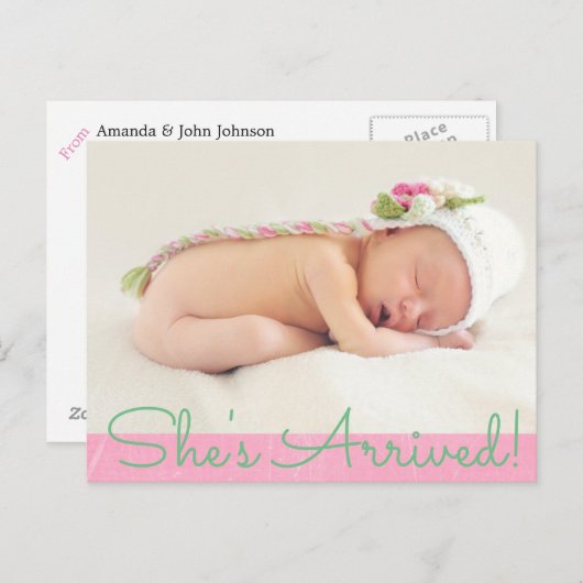 ピンクかわいらしの「シーズ到着」ベビー誕生のお知らせ 案内ポストカード (正面/裏面)
