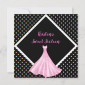ピンクかわいらしのSWEET SIXTEEN招待状スポットブラック 招待状 (正面)