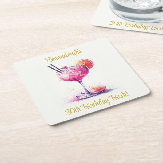ピンクかわいらしをテーマにしたカクテル誕生日 スクエアペーパーコースター (アングル)