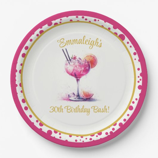 ピンクかわいらしをテーマにしたカクテル誕生日 ペーパープレート (正面)