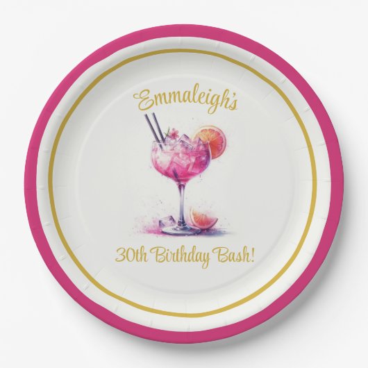 ピンクかわいらしをテーマにしたカクテル誕生日 ペーパープレート (正面)