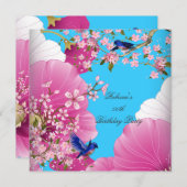 ピンクかわいらしアジアの花ブルーバードバースデーパーティー 招待状 (正面/裏面)
