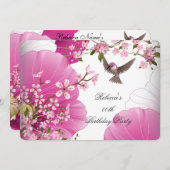 ピンクかわいらしアジアの花鳥の誕生日パーティー2L 招待状 (正面/裏面)