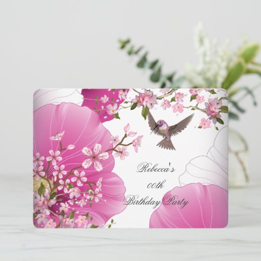 ピンクかわいらしアジアの花鳥の誕生日パーティー2L 招待状 (スタンド正面)