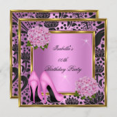 ピンクかわいらしアジサイフローラブラックダマスク誕生日 招待状 (正面/裏面)