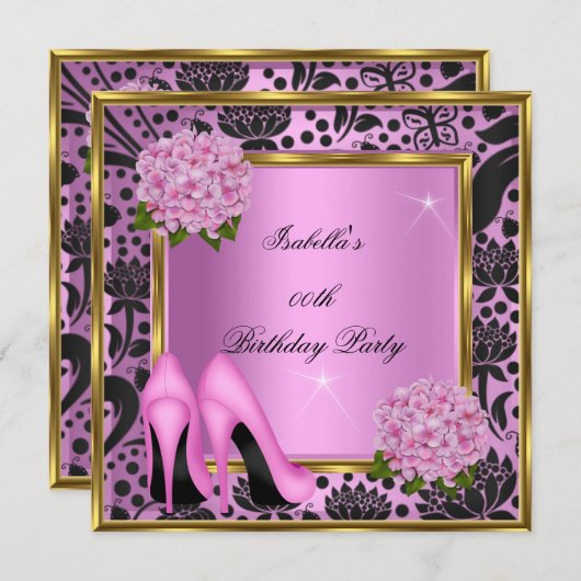 ピンクかわいらしアジサイフローラブラックダマスク誕生日 招待状 (正面/裏面)