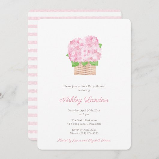 ピンクかわいらしアジサイ女の子ベビーシャワー 招待状 (正面/裏面)