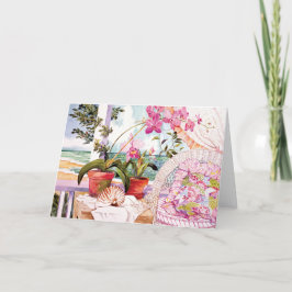 ピンクかわいらしウォーターカラーシーサイドビューノートカード ノートカード