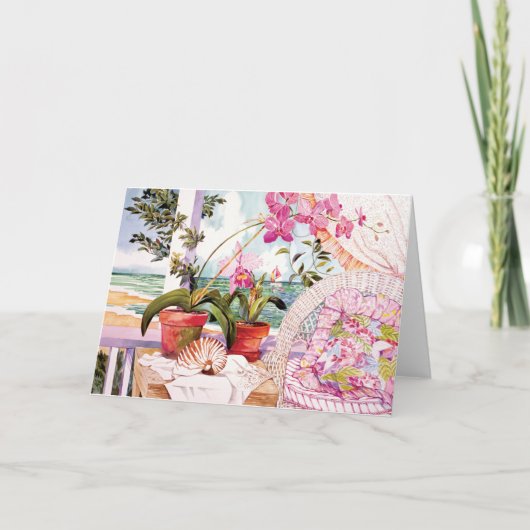 ピンクかわいらしウォーターカラーシーサイドビューノートカード ノートカード (正面)