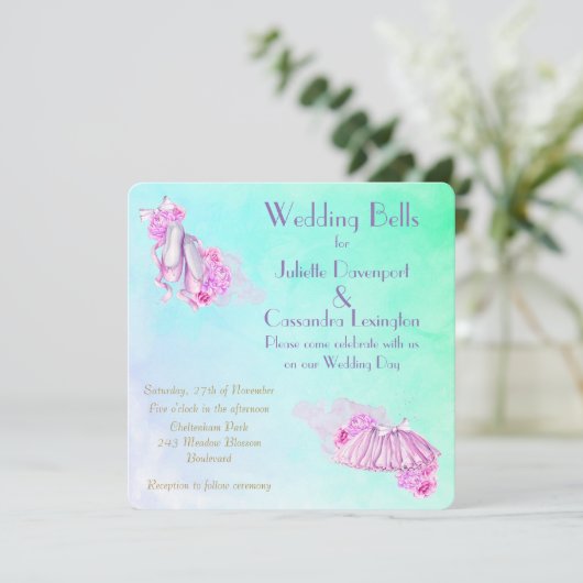 ピンクかわいらしウォーターカラーバレエテーマ結婚ズ 招待状 (スタンド正面)