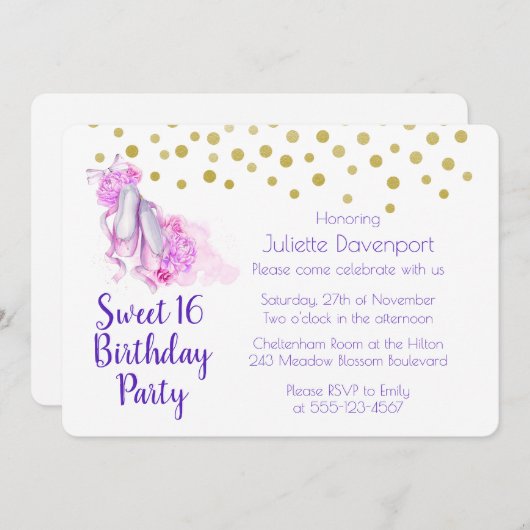 ピンクかわいらしウォーターカラーバレエテーマ誕生日 招待状 (正面/裏面)