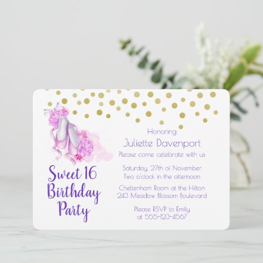 ピンクかわいらしウォーターカラーバレエテーマ誕生日 招待状 (スタンド正面)