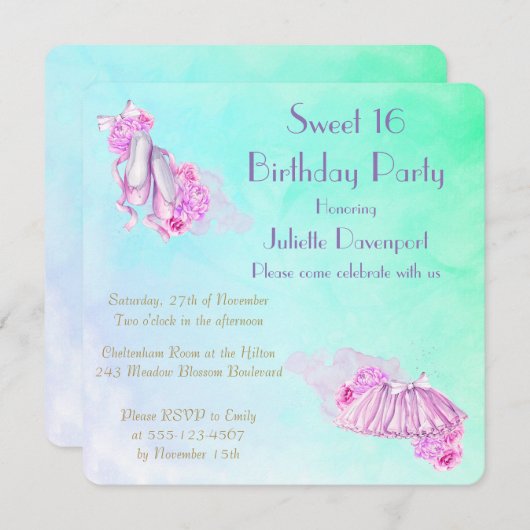 ピンクかわいらしウォーターカラーバレエテーマ誕生日 招待状 (正面/裏面)