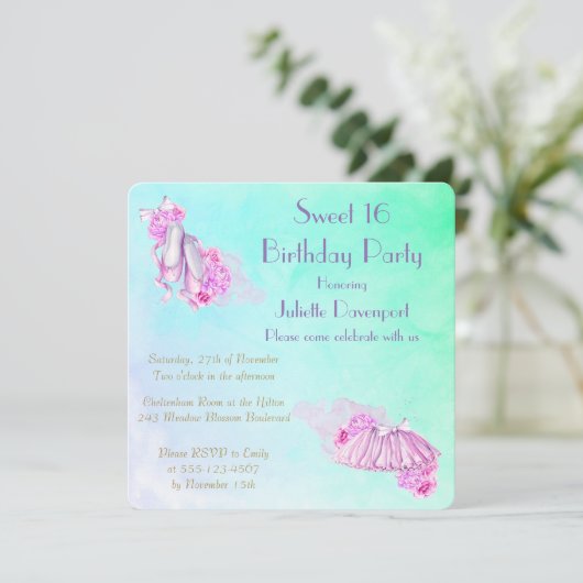 ピンクかわいらしウォーターカラーバレエテーマ誕生日 招待状 (スタンド正面)