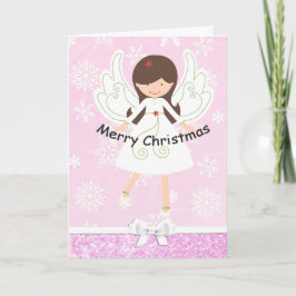 ピンクかわいらしエンジェル&スノーフレークのクリスマスカード シーズンカード
