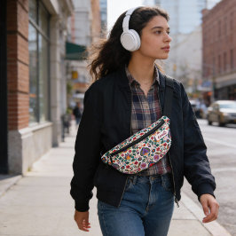 ピンクかわいらしオレンジフローラルパターンヴィンテージコテージ ファニーパック