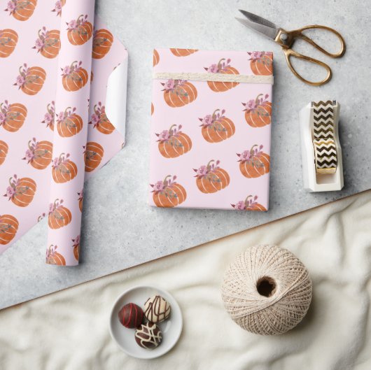 ピンクかわいらしカボチャフローラガーリー誕生日 ラッピングペーパー (クラフト)