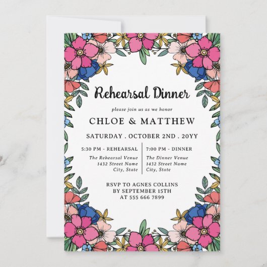 ピンクかわいらしカラフルの花のリハーサルディナー 招待状 (正面)