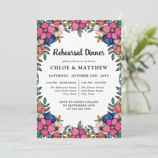 ピンクかわいらしカラフルの花のリハーサルディナー 招待状 (スタンド正面)