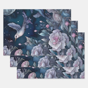 ピンクかわいらしカーネーション美しいバードブルー ラッピングペーパーシート