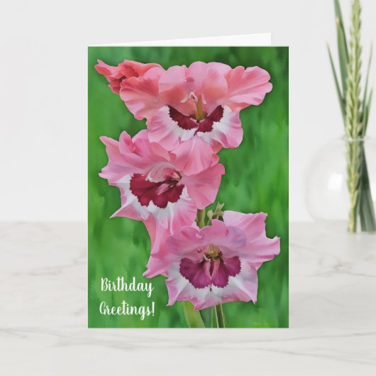 ピンクかわいらしガーデンフラワーズグラジオラス誕生日カード カード (正面)