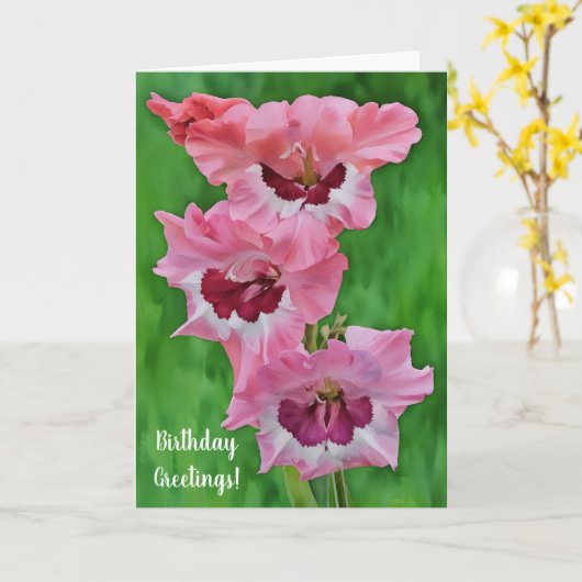 ピンクかわいらしガーデンフラワーズグラジオラス誕生日カード カード (黄色い花)