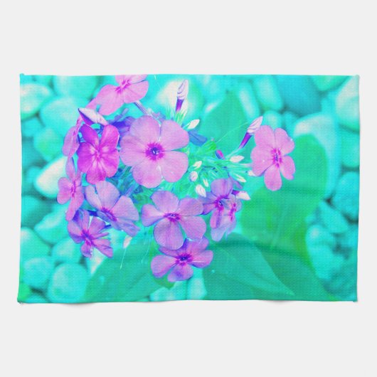 ピンクかわいらしガーデンフロックスフラワーオンアクアマリン キッチンタオル (横)