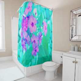 ピンクかわいらしガーデンフロックスフラワーオンアクアマリン シャワーカーテン