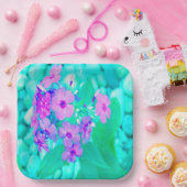 ピンクかわいらしガーデンフロックスフラワーオンアクアマリン ペーパープレート (パーティー)