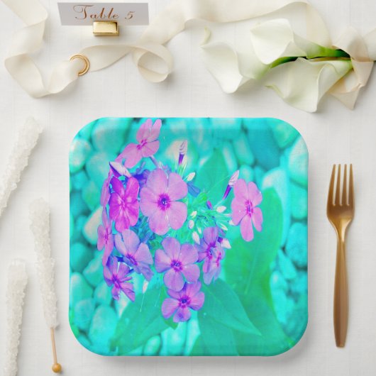 ピンクかわいらしガーデンフロックスフラワーオンアクアマリン ペーパープレート (ウェディング)
