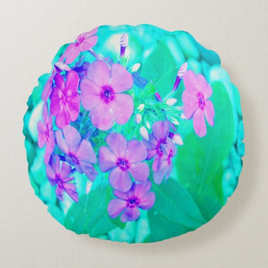 ピンクかわいらしガーデンフロックスフラワーオンアクアマリン ラウンドクッション (正面)