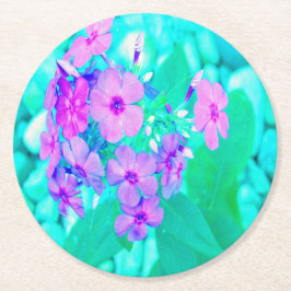 ピンクかわいらしガーデンフロックスフラワーオンアクアマリン ラウンドペーパーコースター