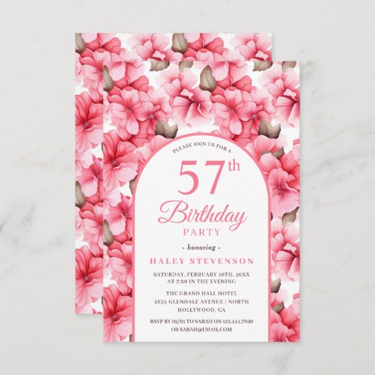 ピンクかわいらしガーデンフローラアーチシック57th誕生日 招待状 (正面/裏面)