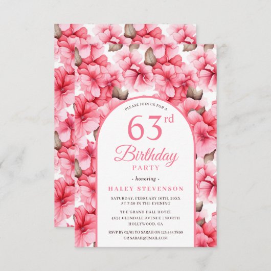 ピンクかわいらしガーデンフローラアーチシック63位誕生日 招待状 (正面/裏面)