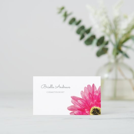 ピンクかわいらしガーベラデイジーフラワーオンシンプルホワイトカラー 名刺 (スタンド正面)