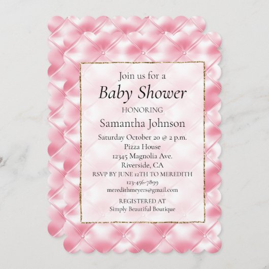 ピンクかわいらしガーリータフツ赤ちゃんシャワー 招待状 (正面/裏面)