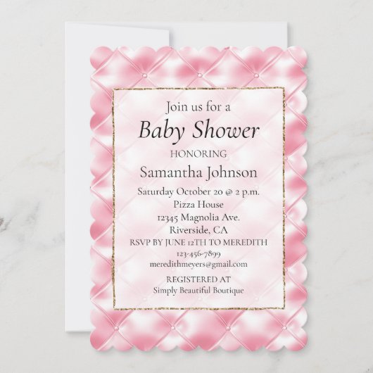 ピンクかわいらしガーリータフツ赤ちゃんシャワー 招待状 (正面)