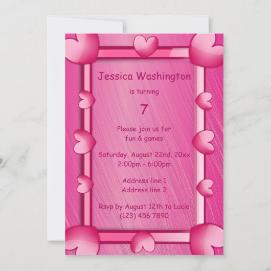 ピンクかわいらしガーリーハート額第7誕生日 招待状 (裏面)
