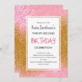 ピンクかわいらしガーリー金ゴールドグリッター誕生日 招待状 (正面/裏面)