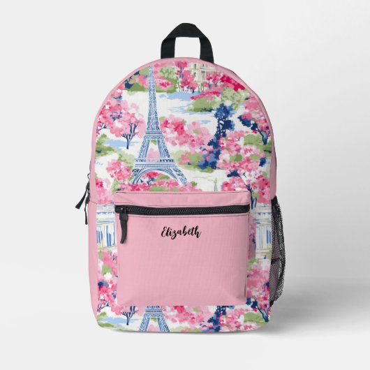 ピンクかわいらしガールズエッフェルタワーフローラ プリントバックパック (正面)