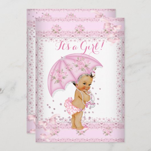 ピンクかわいらしガールベイビーシャワーフローラ傘BR 招待状 (正面/裏面)