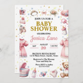 ピンクかわいらしガールベビーシャワー 招待状 (正面/裏面)