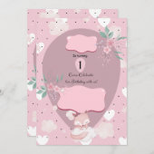 ピンクかわいらしキツネの最初の誕生日の招待状 招待状 (正面/裏面)