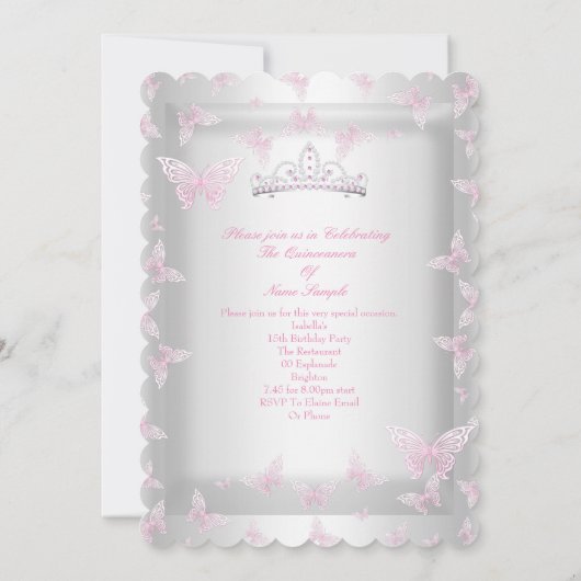 ピンクかわいらしキンセアニェラパーティーティアラバタフライ 招待状 (裏面)