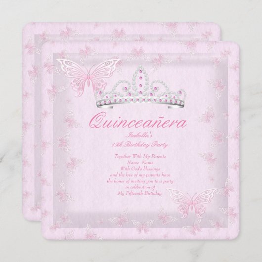 ピンクかわいらしキンセアニェラパーティーティアラ蝶2 招待状 (正面/裏面)